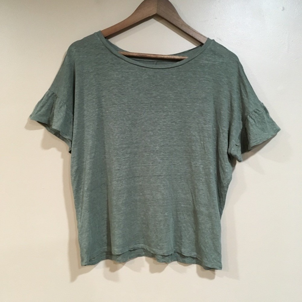 Loft 100% Linen Ruffle Sleeve Top Womens S Olive‎ Green Boho Casual Earthy Lagom